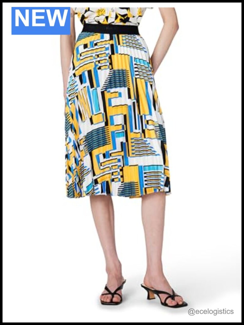 Pleated Midi Skirt Pull On High Rise Geometric Print Travel Casual